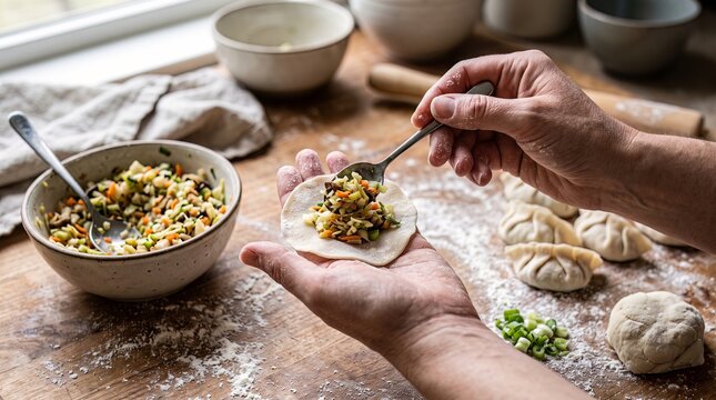 Dumpling making process with fresh vegetable filling and homemade dough on rustic wooden kitchen table