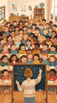 Teacher explaining lesson on board to diverse students illustration