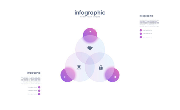 Venn diagram with three intersecting transparent circles.  Vector infographic template in the Glass Morphism style