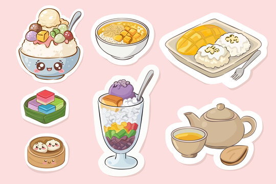 Cute Asian dessert doodle sticker set vector illustration with bingsu shaved ice, mango sticky rice, halo halo parfait, steamed dim sum, layer cake, and teapot with cup isolated on background.