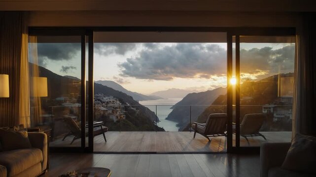 Sunrise over tranquil ocean bay viewed from luxury hotel suite window