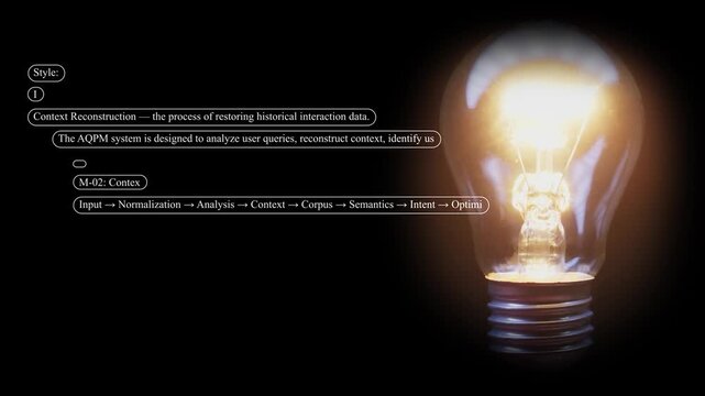 Light bulbs illuminate against a black background, and scrolling text appears regarding the emergence of new ideas and conceptual theories driven by AI.
