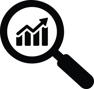 Black Silhouette of Magnifying Glass Revealing Ascending Bar Chart with Trend Arrow Market Analysis Glyph Icon Illustration