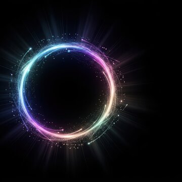 Abstract glowing circular energy burst with vibrant neon colors in darkness