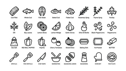 Fototapeta premium A set of simple black line art icons featuring fresh ingredients and cooking utensils for a fish recipe guide