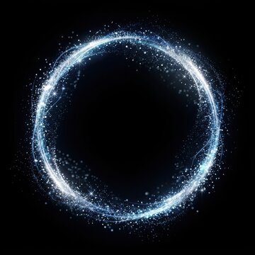 Abstract glowing blue and white light ring with particles on black background