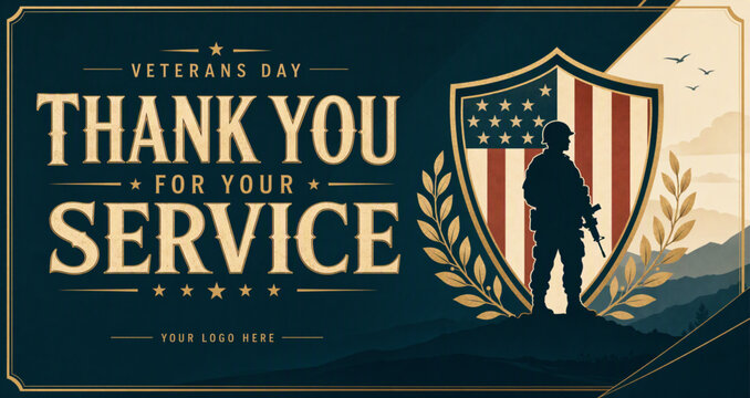Patriotic Veterans Day tribute featuring a military service member silhouette, American shield emblem, laurel branches, stars, and bold Thank You for Your Service typography.