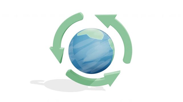Earth globe rotating with green recycling arrows grid animation