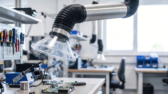 A well-lit electronics workshop features a soldering station, circuit boards, and a ventilation hood extracting fumes for safe working conditions.