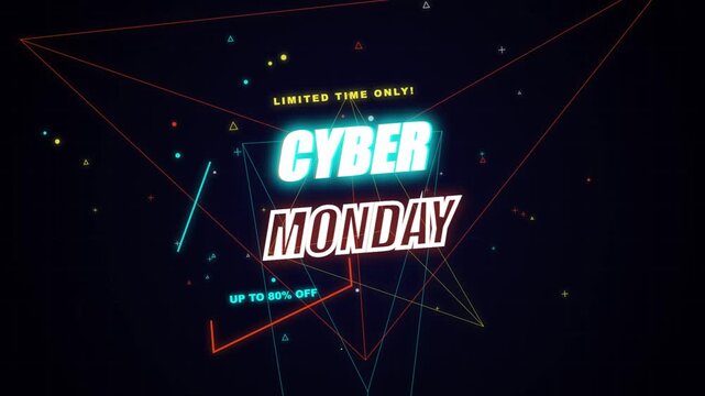 Glowing Cyber Monday sale banner with rotating neon triangles and eighty percent discount text