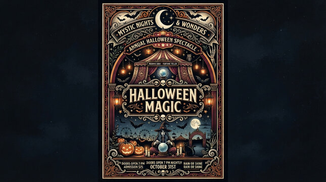 Vintage style Halloween magic carnival poster with mystical elements and spooky decorations.
