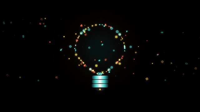 Glowing particle lightbulb animation representing creative ideas and technology on a dark backgrou