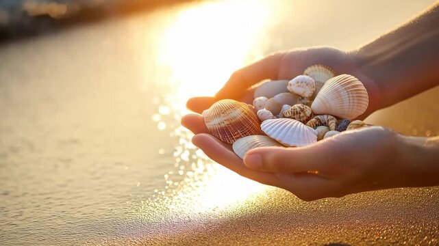 Hands hold various shells gathered from the sand as ocean waves wash over them during sunset
