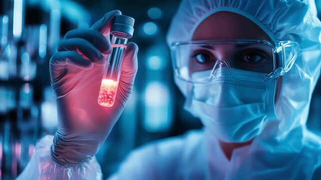 Researcher in protective gear holds a glowing test tube in a modern laboratory setting while analyzing chemical reactions