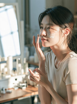 Young asian woman applying facial cream moisturizer on her cheek while looking in mirror doing daily morning skincare routine.