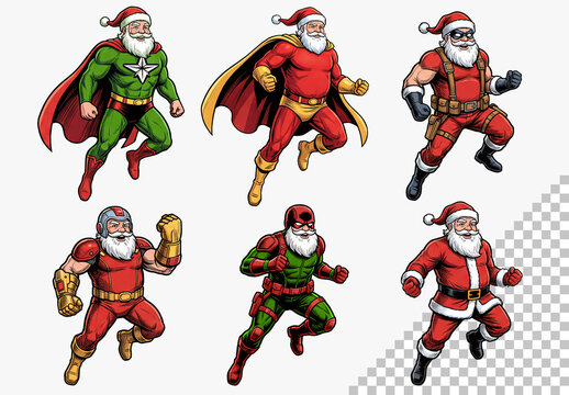 6 Isolated Santa Claus Superhero Costume Collection Cutout