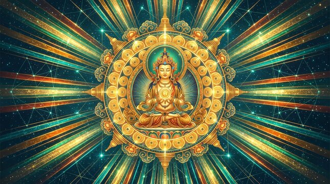 3D Radiant abstract art of Labh Pancham financial prosperity with digital coins concept as A glowing abstract digital art banner representing financial prosperity during Labh Pancham depicted ... See 