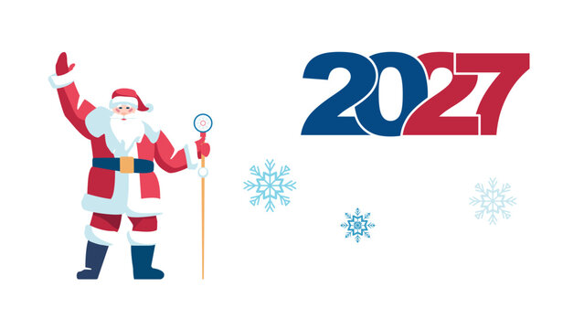 Visual art. "Happy New Year 2027." Red and blue festive New Year numerals and snowflakes. Santa Claus offering a joyful greeting for the New Year and Christmas holidays. White background, calendar des