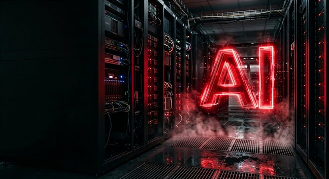 Glowing red AI letters in server room