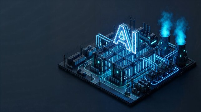 Glowing AI datacenter facility isometric 3d render