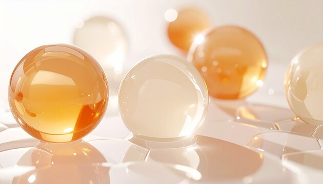 透明感のあるオレンジの美容成分とジェル球体で表現した潤いとツヤ肌のイメージ、ジェネレーティブAI