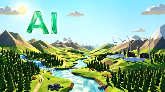 Green AI letters over low poly nature landscape