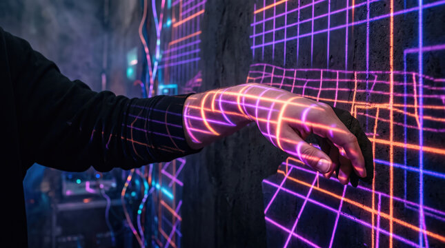 Hand Touching Wall with Projected Neon Grid Mesh Light Lines
