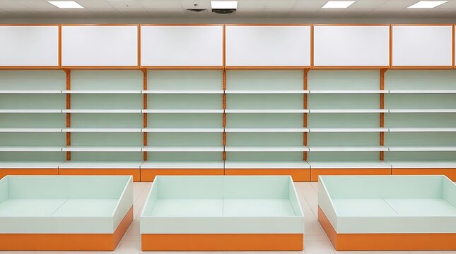 Empty modern retail store shelves with minimalist mint green and orange design for product placement and display in a supermarket or commercial shop interior with bright lighting and clean layout.