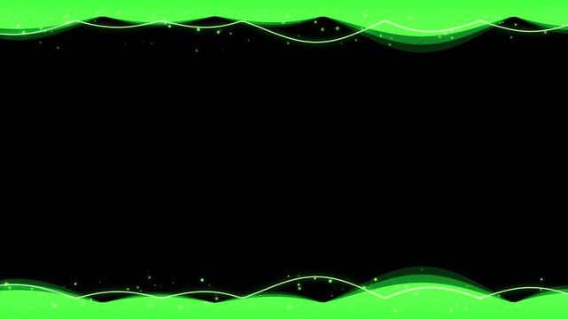 Abstract glowing green wave lines border on black background