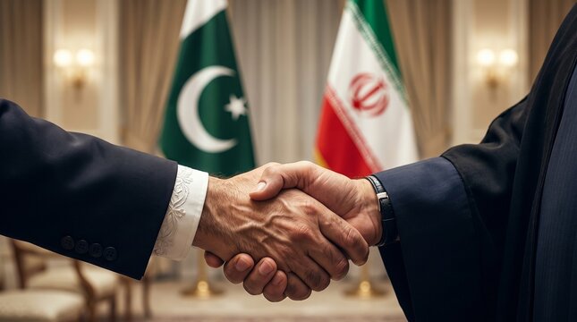 Professional handshake between two diplomatic representatives standing firmly in front of the national flags of Pakistan and Iran to signify a strong bilateral agreement for political cooperation and 