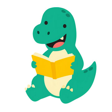 cartoon illustration of a dinosaurus reading a book