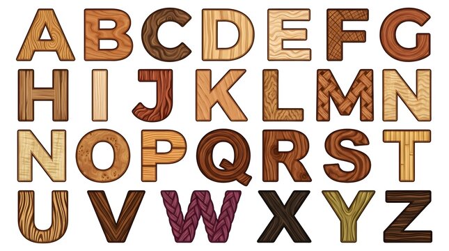A full collection of alphabet letters displaying a beautiful textured appearance with a realistic wood grain background ideal for various design projects and typography needs