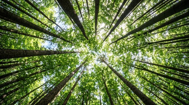 Low angle view looking up at tall trees in a lush green forest canopy