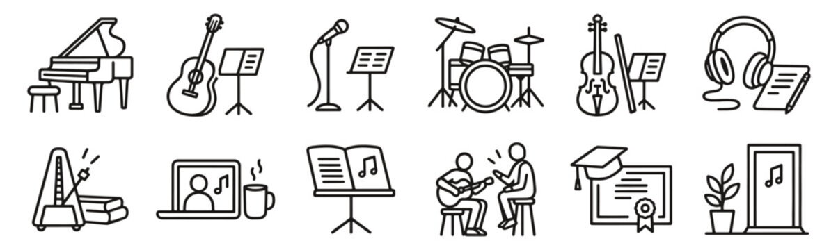 Music lessons line icon set. Piano, guitar, singing, drums and violin linear vector illustration. Outline signs for music education, tutoring, practice and instrument practice, rhythm and theory.