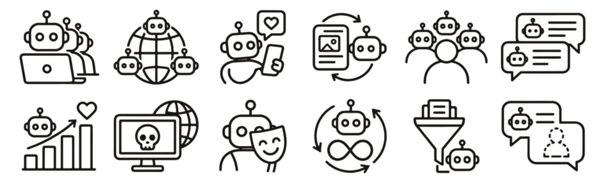 Social media bots line icon set. Fake engagement, automated accounts and online deception linear vector illustration. Outline signs for bot networks, spam and digital manipulation.