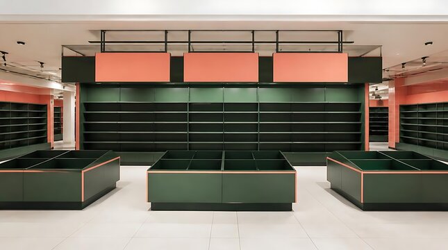 Clean and modern empty grocery store interior with green and pink shelves. Spacious retail shop floor with vacant aisle display units and bright lighting for commercial mockup.