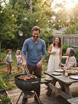A father grills burgers and vegetables while his laughing family gathers around a picnic table in a warm string light lit backyard at dusk.