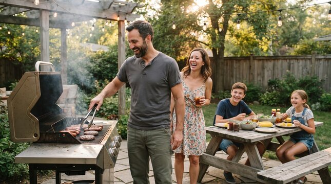 A father grills burgers and vegetables while his laughing family gathers around a picnic table in a warm string light lit backyard at dusk.