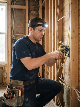 An electrician wearing safety glasses connects electrical wiring inside an unfinished wall during a home construction project, using a headlamp for lighting.