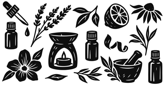 Aromatherapy linocut icon set. Essential oil bottles, dropper, candle burner, lavender, citrus peel, mortar and pestle. Hand drawn black vector illustration in vintage woodcut print style.