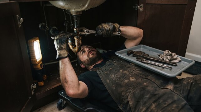 A man lies on his back using a wrench to fix a leaking pipe under a sink, working in a dark space lit by a portable work light.
