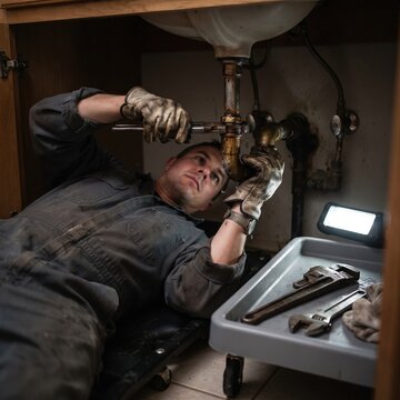 A man lies on his back using a wrench to fix a leaking pipe under a sink, working in a dark space lit by a portable work light.
