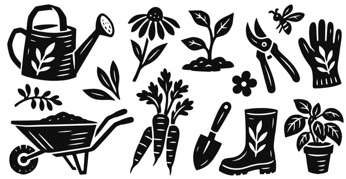 Gardening linocut icon set. Watering can, pruners, glove, wheelbarrow, trowel, boots, seedlings and harvested carrots. Hand drawn black vector illustration in vintage woodcut print style.