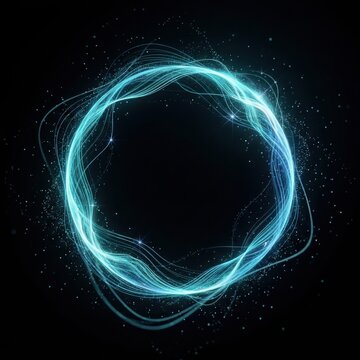 Abstract glowing blue energy circle with swirling particles in darkness