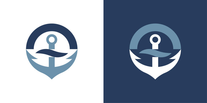 Anchor logo. Nautical symbol with waves, water and circular emblem.