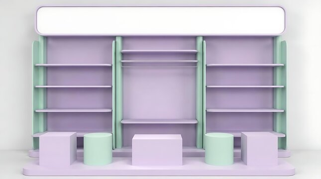 Empty Retail Display Stand with Pastel Purple and Mint Shelving, 3D Rendered Mockup for Store Interior, Exhibition Booth with Blank Signage, Product Presentation Racks and Pedestals