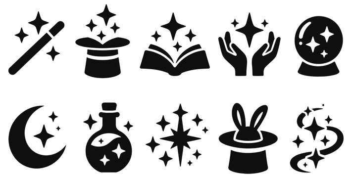 Magic solid icon set. Wand, hat, spellbook, crystal ball, potion and sparkling hands in black glyph vector silhouettes for fantasy games, illusion shows, enchantment, mystical stories and web design.