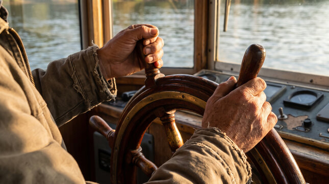Experienced Captain Steering Wooden Ship Wheel on Calm Water