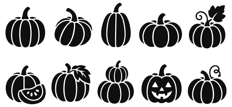 Pumpkin solid icon set. Whole pumpkins, cut wedge, stacked squash and carved lantern in black glyph vector silhouettes for Halloween, autumn harvest, food, farm markets and festive web design.