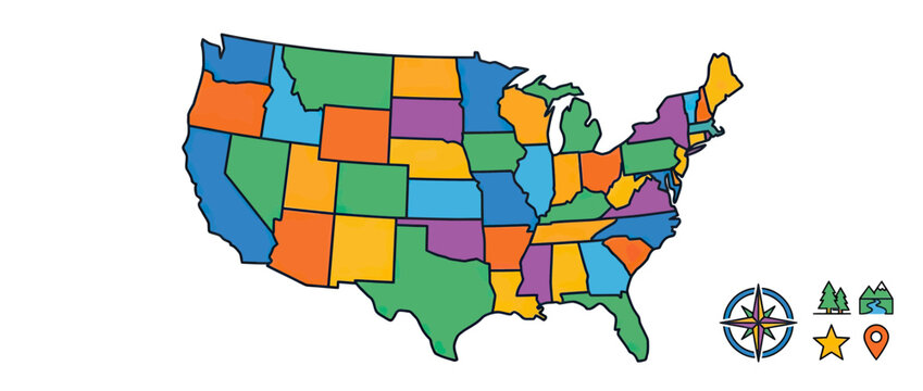 Colorful United States Map Illustration with Travel Icons